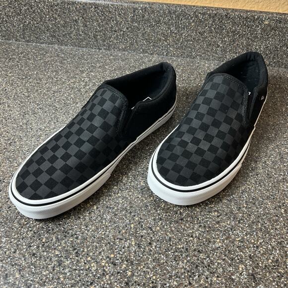 VANS Old Skool Classic Slip On Black Gray Check Canvas Skate Shoes Men's Size 10 - Picture 3 of 10